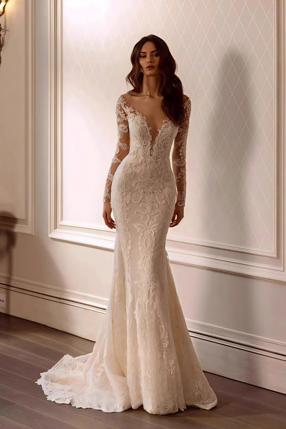 Vestido de novia de sirena con encaje, escote en V pronunciado y cola desmontable