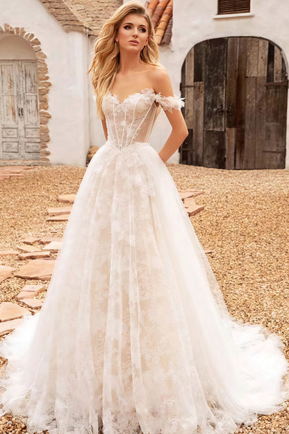 Vestido de novia con apliques de encaje, escote Bardot y corsé