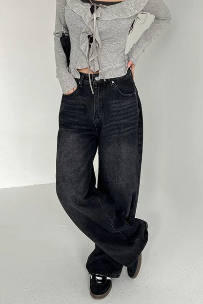 Washed Bow Print Pocket Wide Leg Jeans