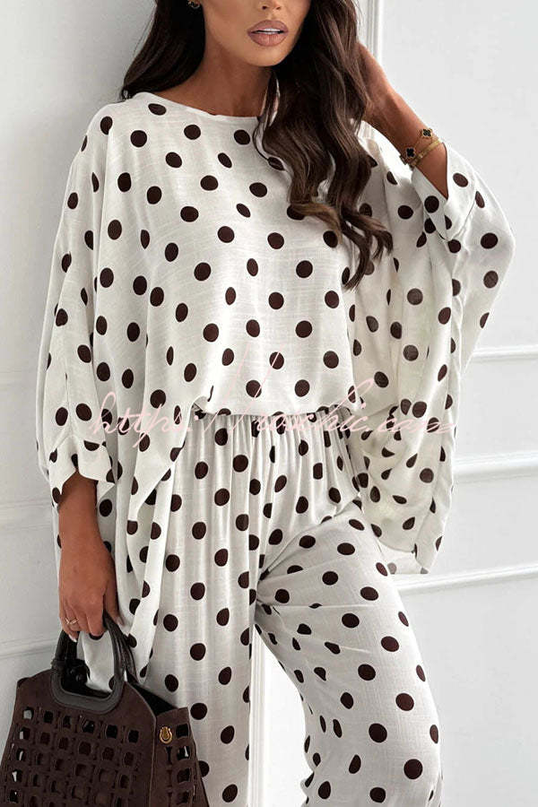 Verne Linen Blend Polka Dot Batwing Sleeve Top and Elastic Waist Pocket Loose Pants Set