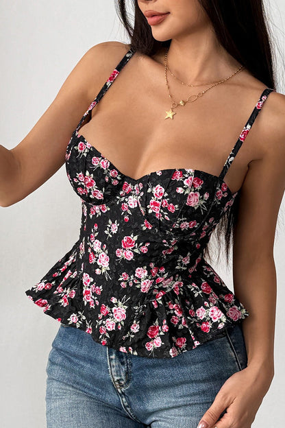 Top de tirantes con volantes irregulares y lazo con estampado floral