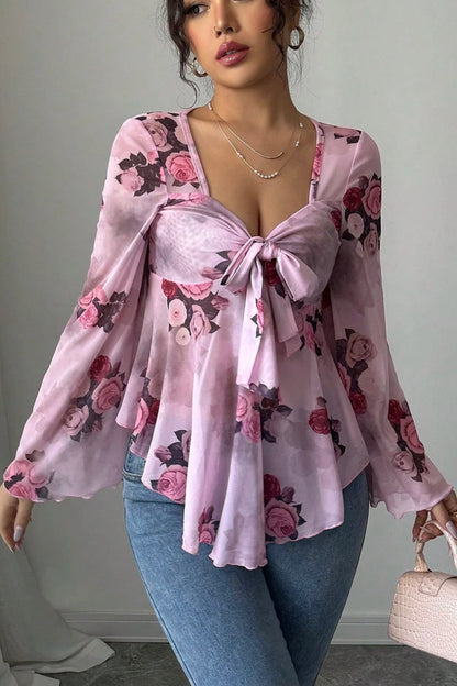 Blusa Manga Larga con Cuello Cuadrado, Diseño Floral Tie Dye y Lazos