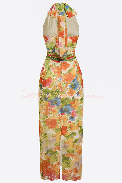 Lauria Chiffon Floral Print Ruched Waist Halter Tie-up Neck Backless Maxi Dress