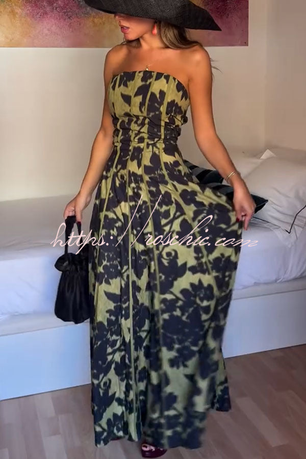 Elara Linen Blend Floral Print Princess Line Design Detachable Sleeves Maxi Dress