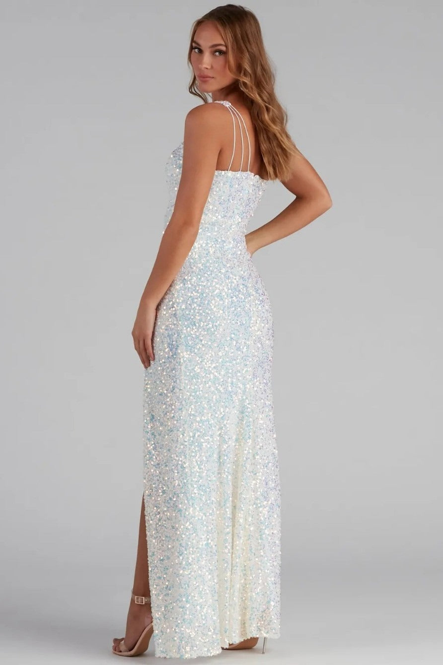 Vestido de noche formal con lentejuelas, abertura y un solo tirante