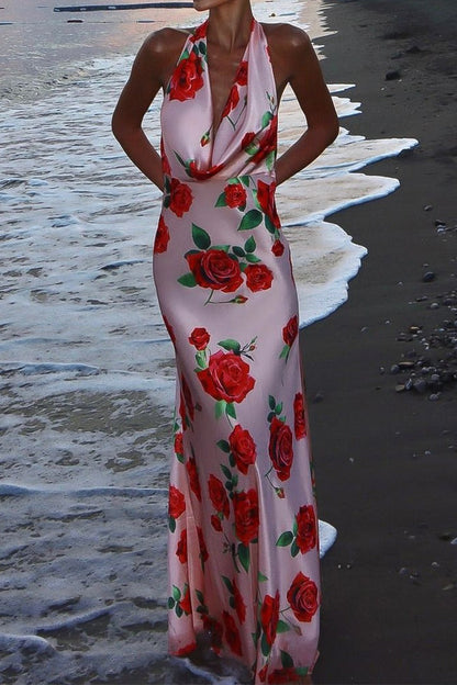 Printed Halter Backless  Maxi Silk Dress