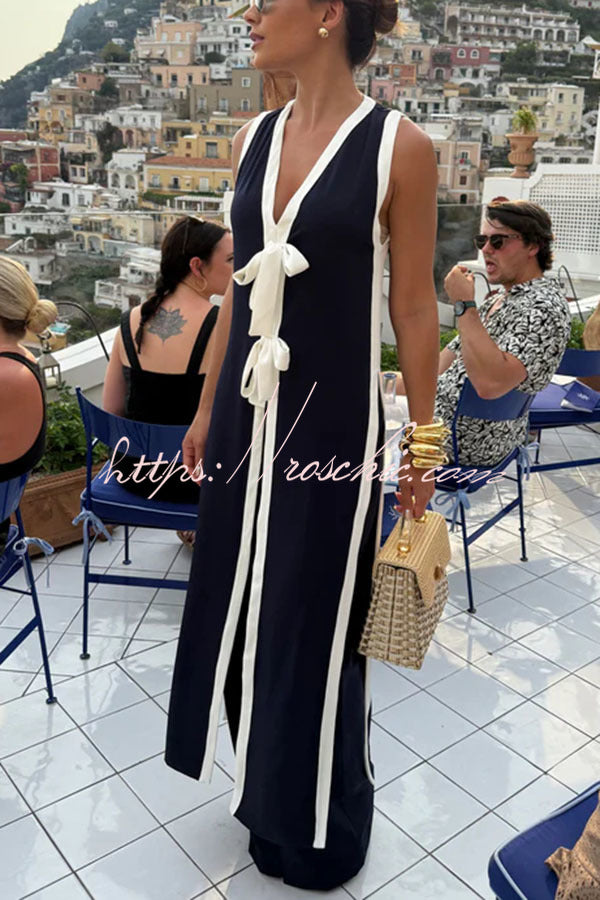 Beach Day Colorblock Bow Detail Slit Midi Top and Elastic Waist Loose Pants Set