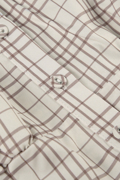 Fitted Waist Plaid V Neck Button Front Short Blouse