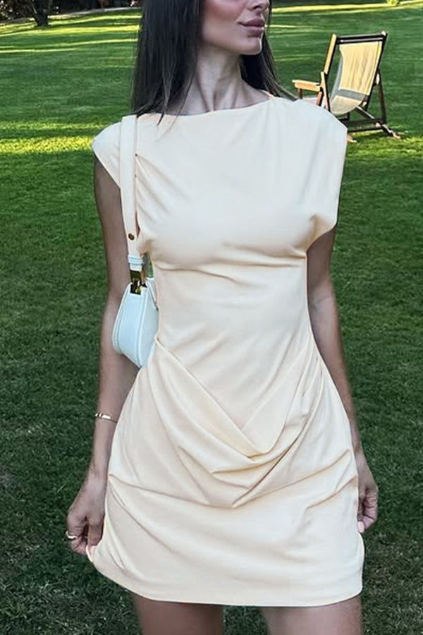 Solid Color Round Neck Sleeveless Pleated Slim-fit Mini Dress
