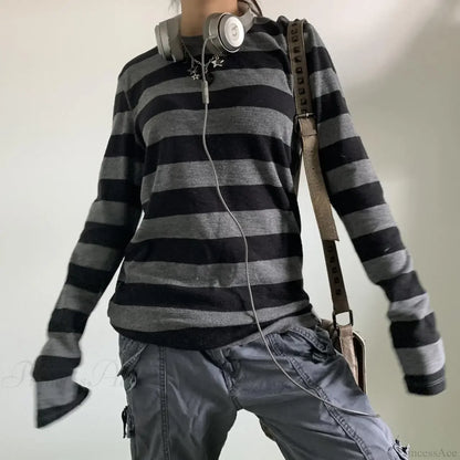 Fairy Grunge Knit Oversized Striped Long Sleeve Crewneck Knit Top
