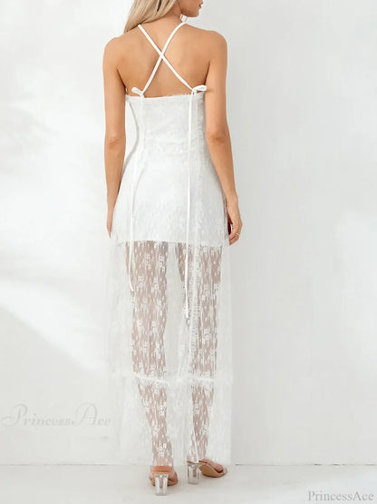 Fairycore Retro White Lace Backless Halter Tube Floral Dress