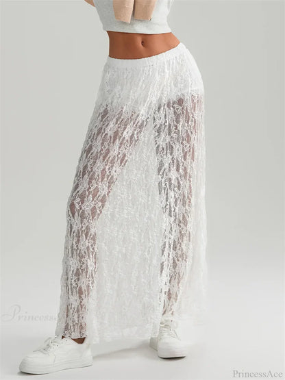 Fall Long Maxi Skirt Elastic Waist Lace Floral Casual Skirt