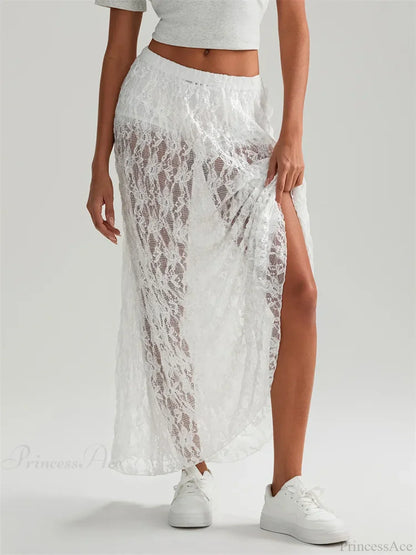 Fall Long Maxi Skirt Elastic Waist Lace Floral Casual Skirt