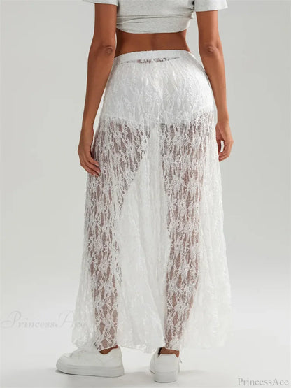 Fall Long Maxi Skirt Elastic Waist Lace Floral Casual Skirt