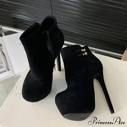 Fashion Chic Elasticity Buckle Strap Women Platform Boots Zip Round Toe Pole Dance High Heels Shoes Black