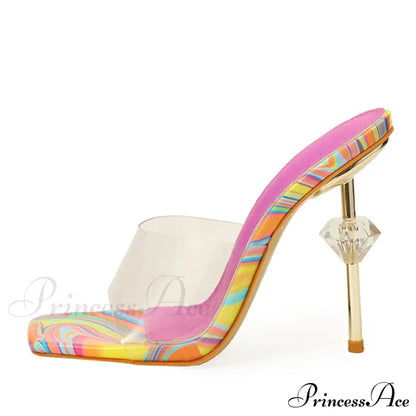 Fashion Chic High Heeled Slippers Ladies Square Toe Summer Sandals Transparent PVC Shoes Women Sliders