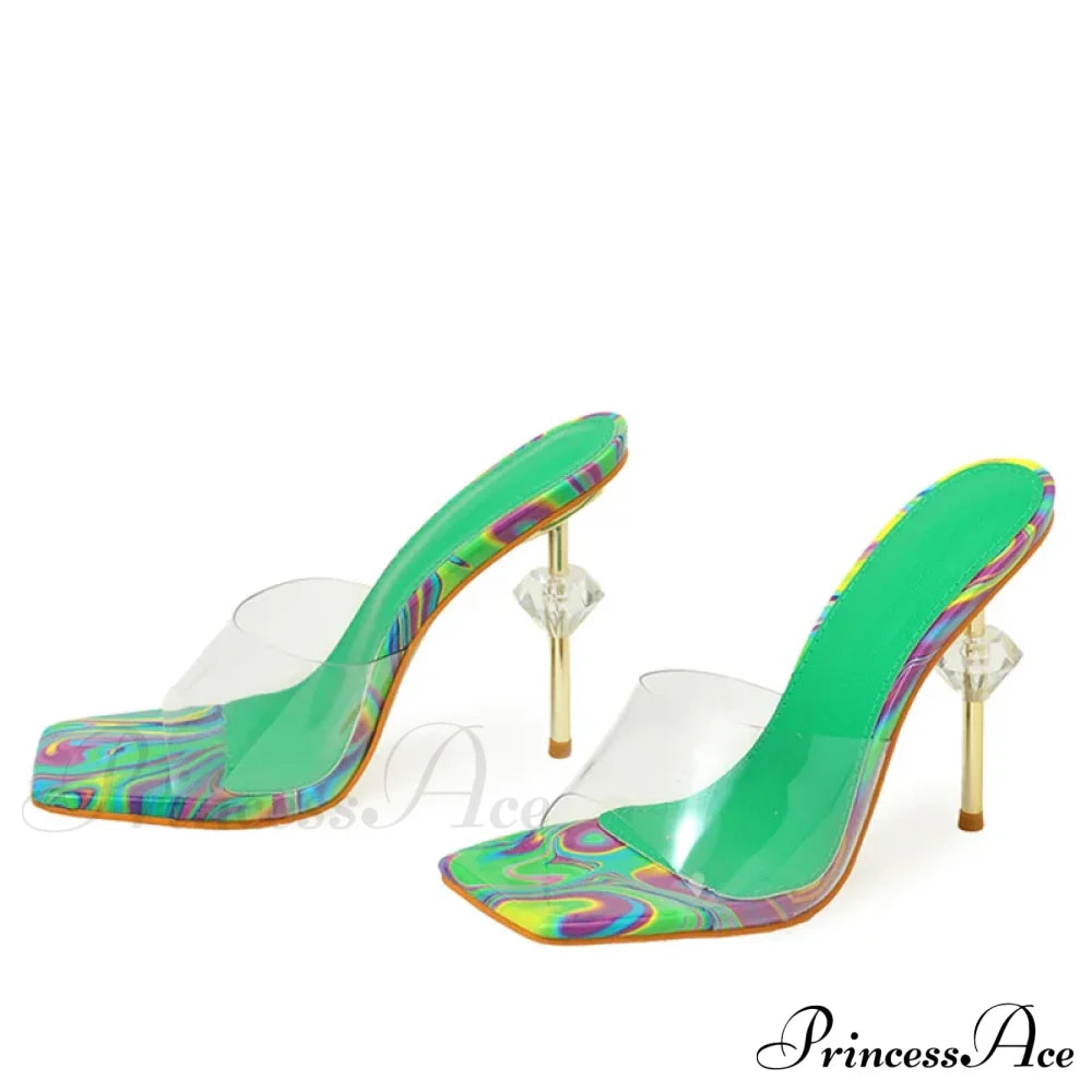 Fashion Chic High Heeled Slippers Ladies Square Toe Summer Sandals Transparent PVC Shoes Women Sliders