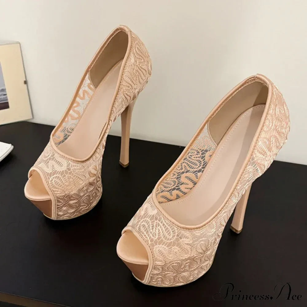 Fashion Design Embroidery Mesh Platform Pumps Women Sexy Slingback Peep Toe Pink High Heels Wedding Banquet Shoes