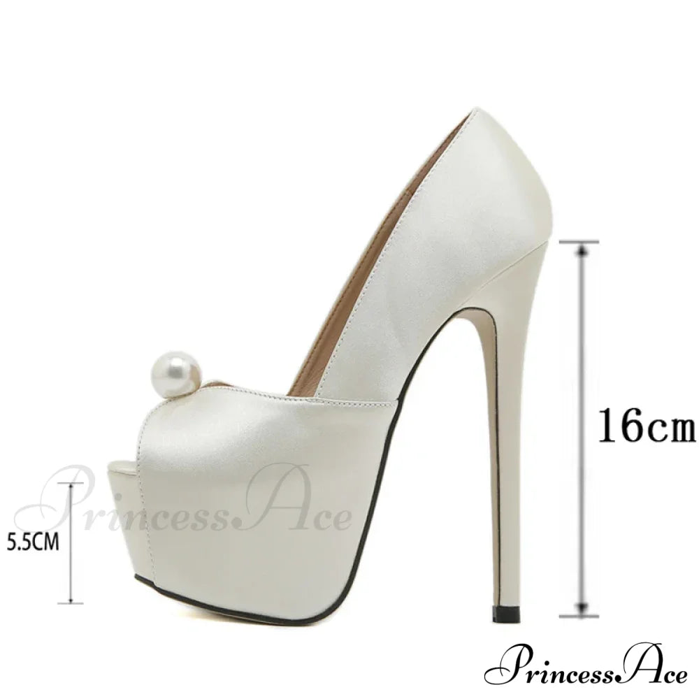 Fashion Design Pearl Peep Toe High Heels Wedding Banquet Shoe Silk Platform Pumps Women Mule
