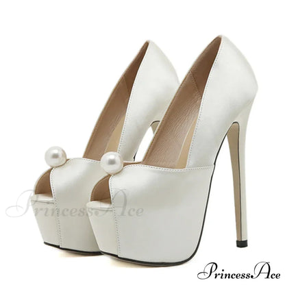 Fashion Design Pearl Peep Toe High Heels Wedding Banquet Shoe Silk Platform Pumps Women Mule