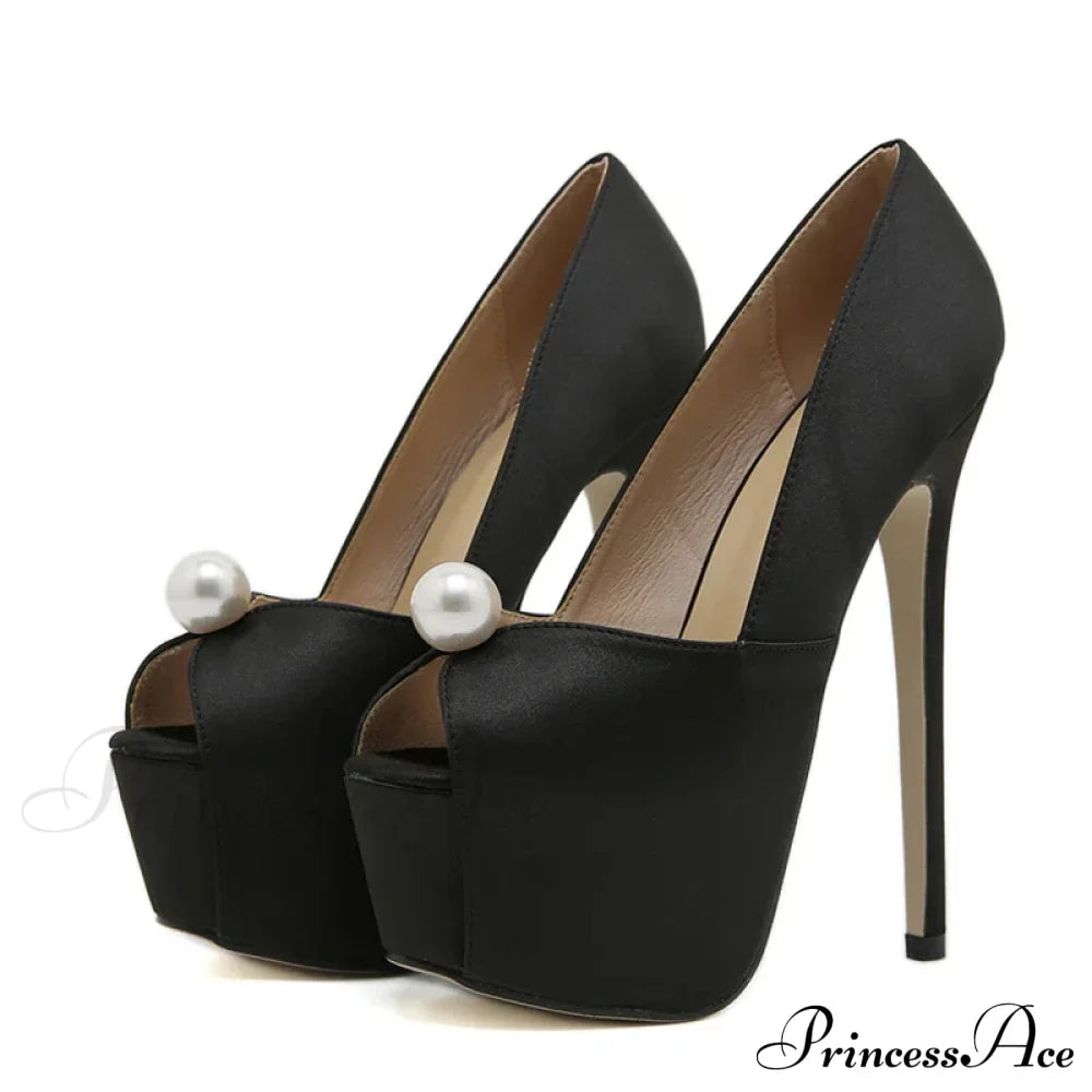 Fashion Design Pearl Peep Toe High Heels Wedding Banquet Shoe Silk Platform Pumps Women Mule