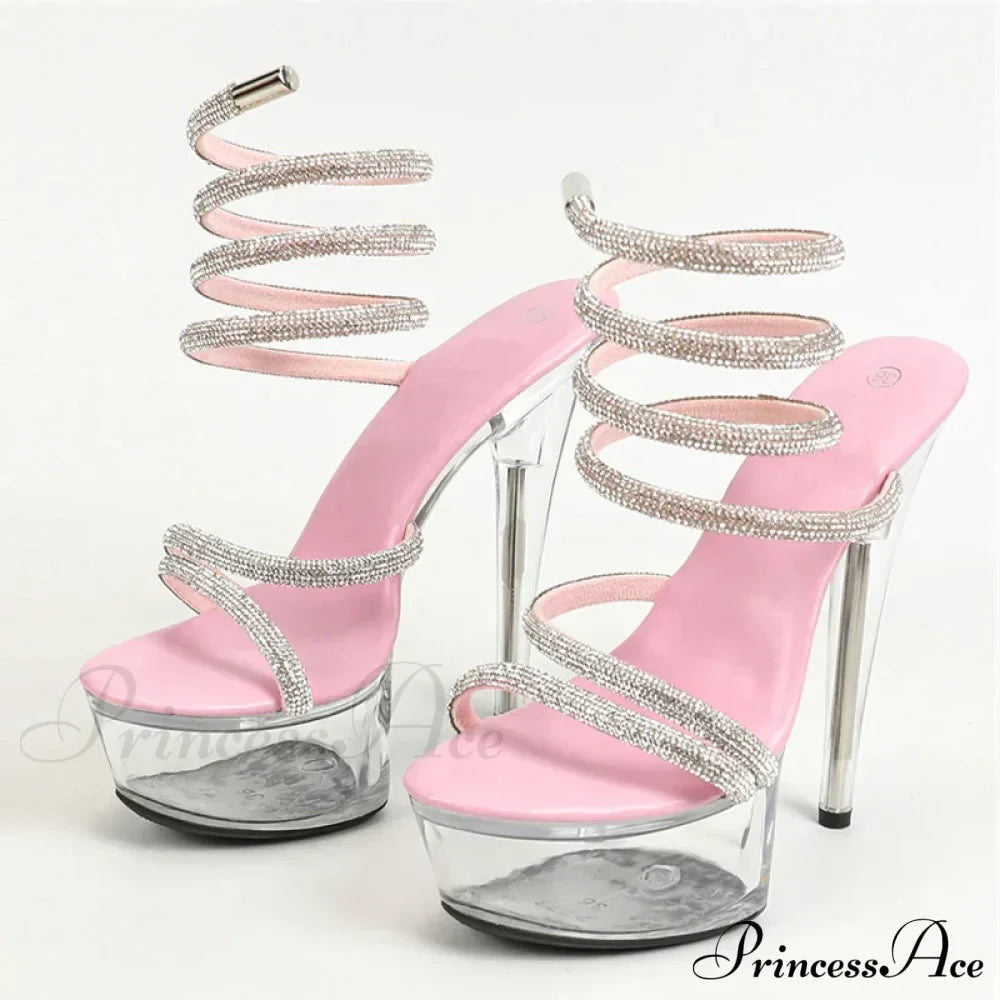 Fashion Design Rhinestone Ankle Snake Twine Platform Sandals High Heels Wedding Banquet Shoes