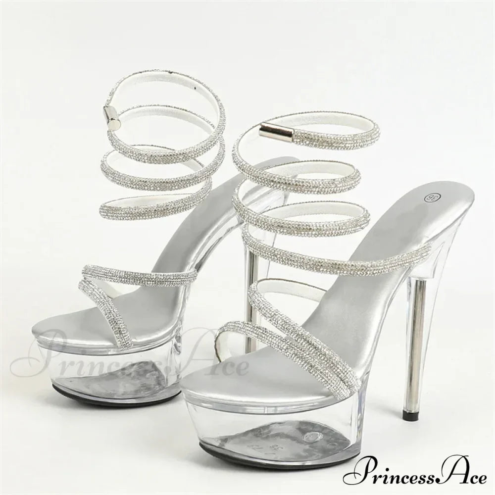 Fashion Design Rhinestone Ankle Snake Twine Platform Sandals High Heels Wedding Banquet Shoes