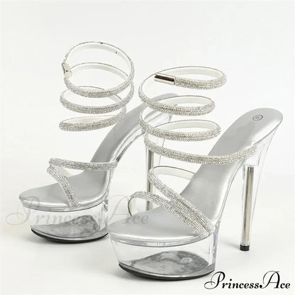 Fashion Design Rhinestone Ankle Snake Twine Platform Sandals High Heels Wedding Banquet Shoes