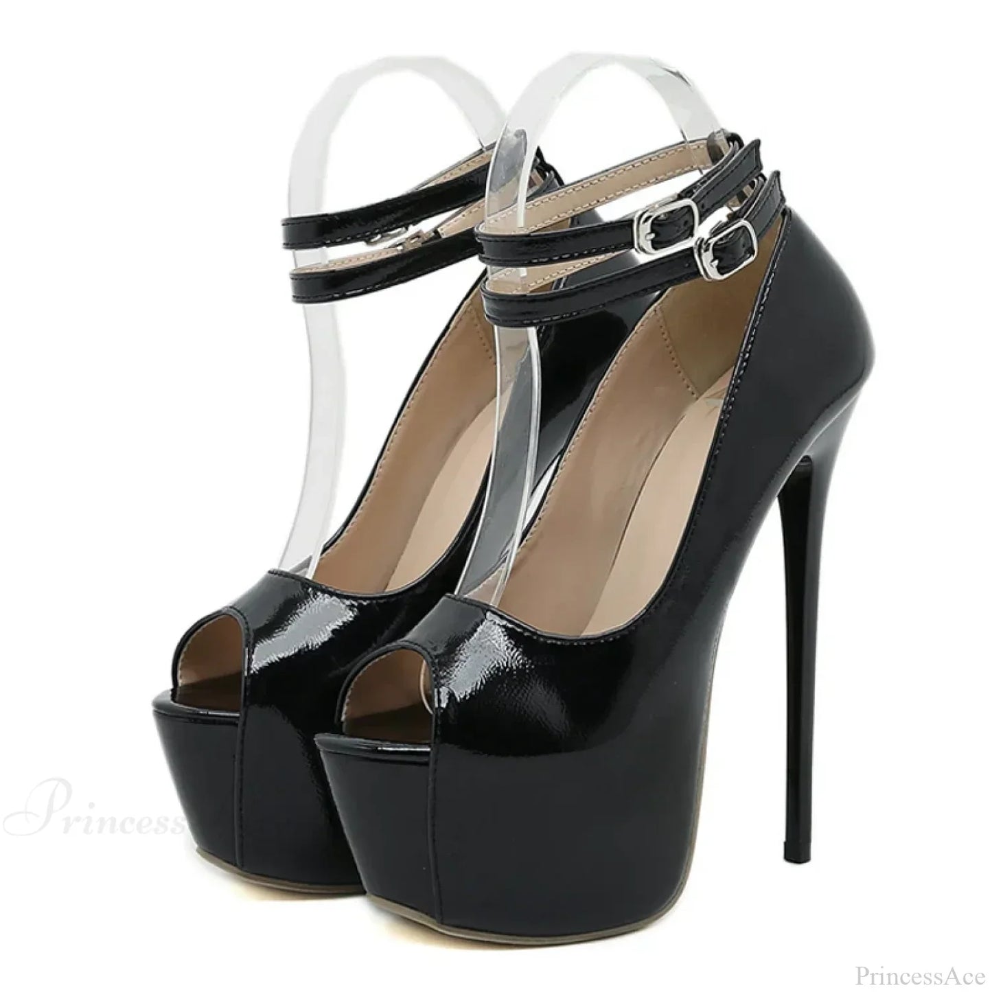 Fashion Double-Buckle-Strap Platform Sexy Peep-Toe 16.5CM Super-High Stripper White Pumps High Heel