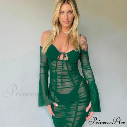 Fashion Mesh See Through Tie Front Maxi Dress