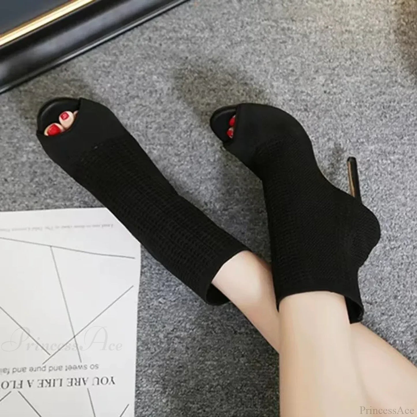 Fashion Peep Toe Stretch Fabric Breathable Hollow Out Small Hole Knitting Women High Heel