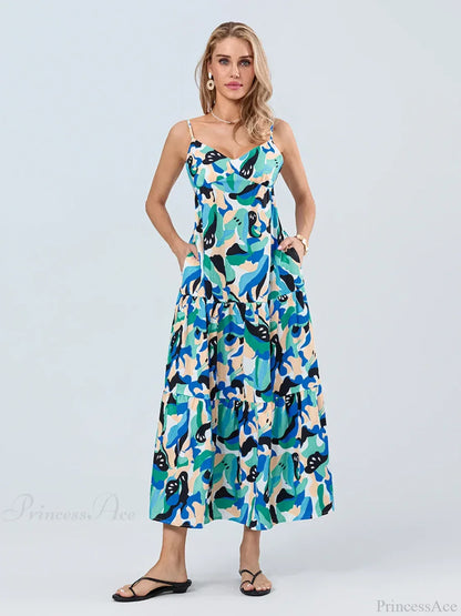 Fashion Print Spaghetti Strap Backless Sweetheart Flowy Cami Floral Dress