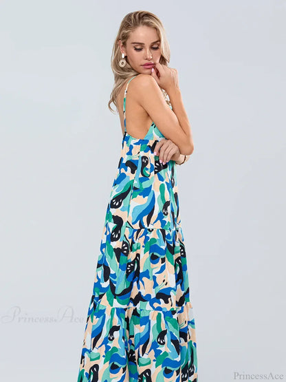 Fashion Print Spaghetti Strap Backless Sweetheart Flowy Cami Floral Dress