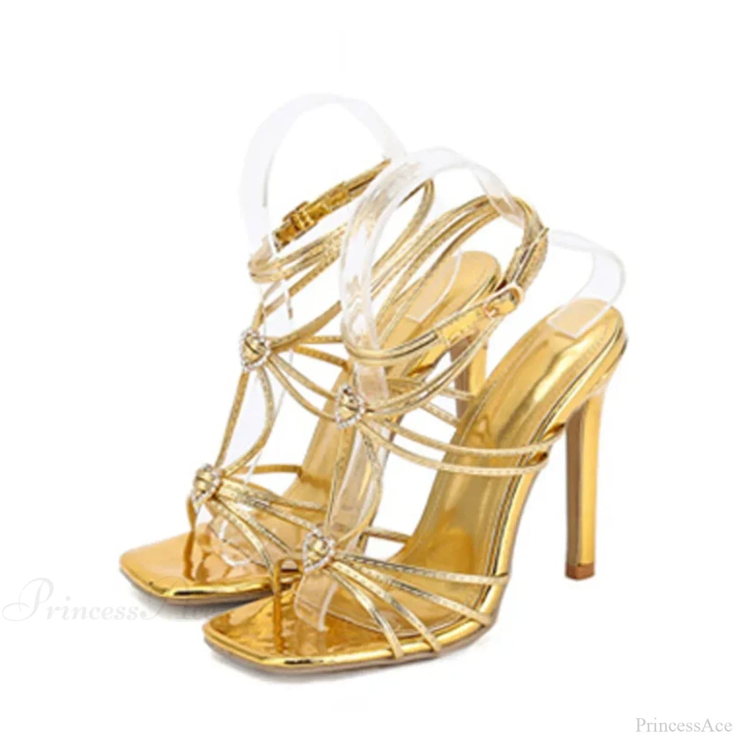 Fashion Rhinestone Buckle Narrow-Band Sandals Square-Toe Wedding Banquet High-Heels Thin Golden High Heel