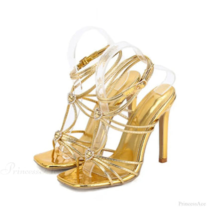 Fashion Rhinestone Buckle Narrow-Band Sandals Square-Toe Wedding Banquet High-Heels Thin Golden High Heel