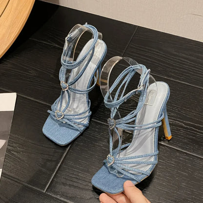 Fashion Rhinestone Buckle Narrow-Band Sandals Square-Toe Wedding Banquet High-Heels Thin Golden High Heel