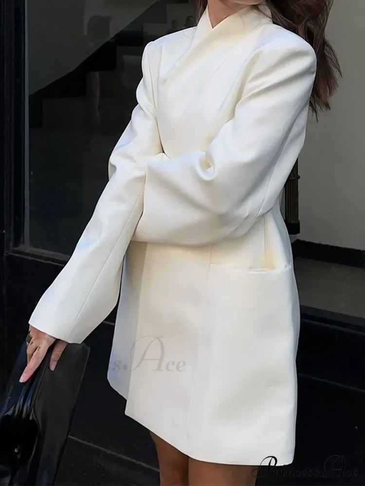 Fashion Solid Stand Collar Loose Long Shoulder Pads Full Sleeves Chic Stylish Coat