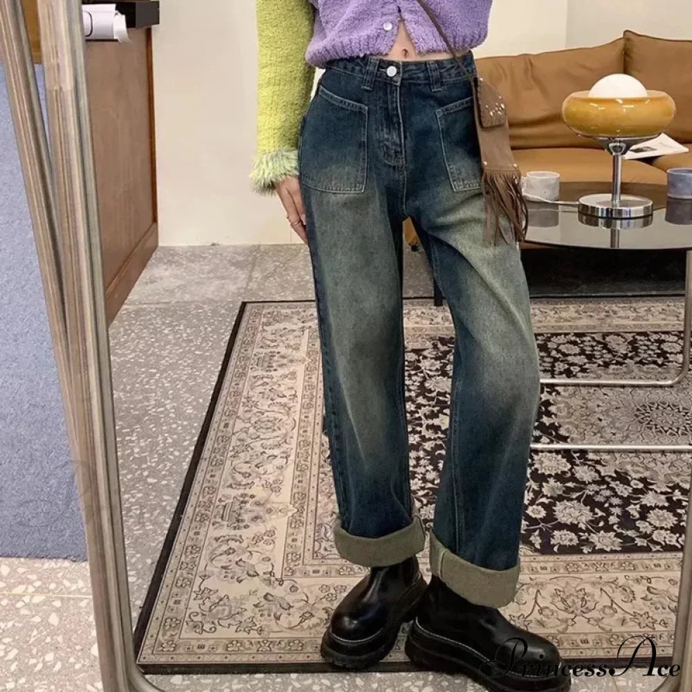 Fashion Straight Women Pant Woman High Waist Denim Pants Wide Leg Denim Clothing Blue Vintage Quality Jean