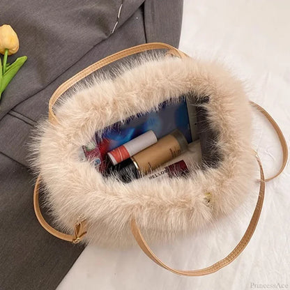 Faux Fur Plush Bucket Tote Winter Crossbody Shoulder Handbag