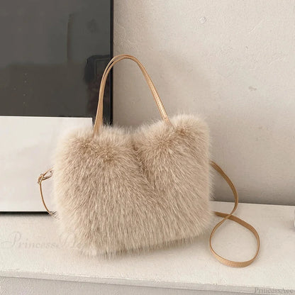 Faux Fur Plush Bucket Tote Winter Crossbody Shoulder Handbag