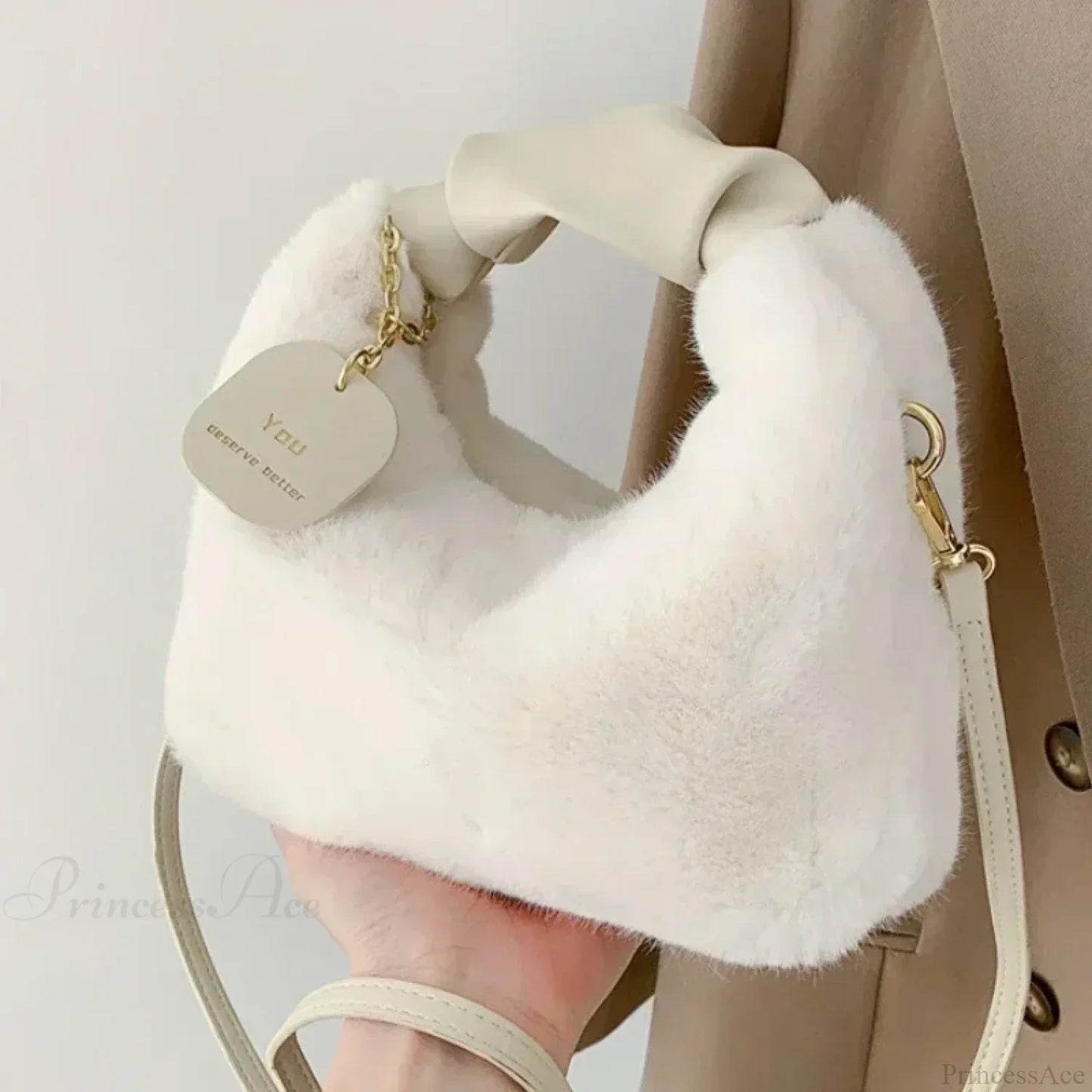 Faux Fur Plush Ruched Handle Crossbody Handbag