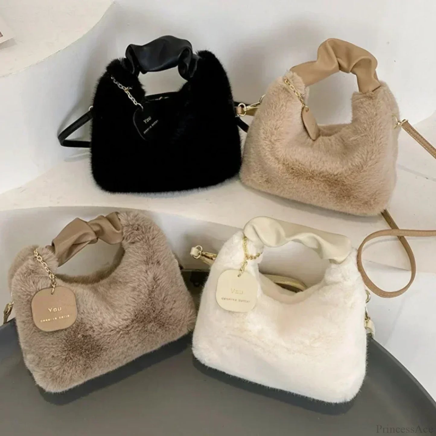 Faux Fur Plush Ruched Handle Crossbody Handbag