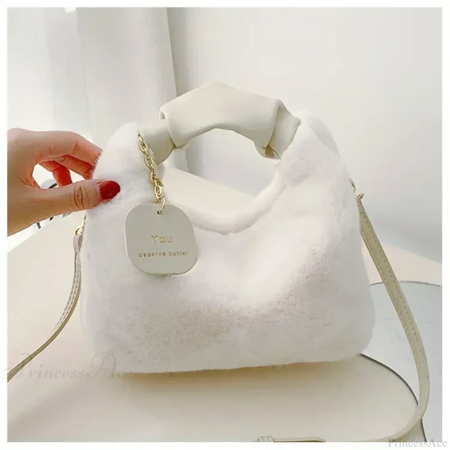 Faux Fur Plush Ruched Handle Crossbody Handbag