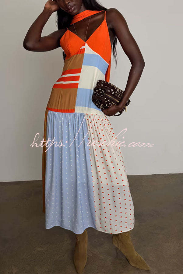 Vibrant Touch Color-blocked Polka Dot Print Slip Pleated Hem Maxi Dress