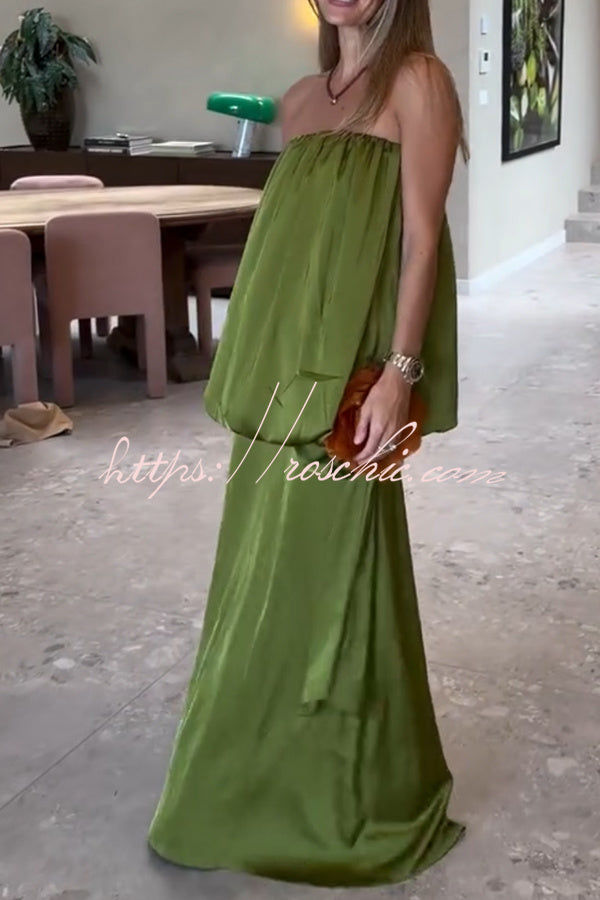 Simple Elegant Satin Voluminous Floral Detail Strapless Top and Elastic Waist Drape Maxi Skirt Set