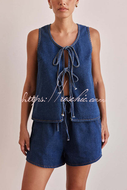 Stylish Sleeveless Round Neck Tie-up Casual Denim Vest