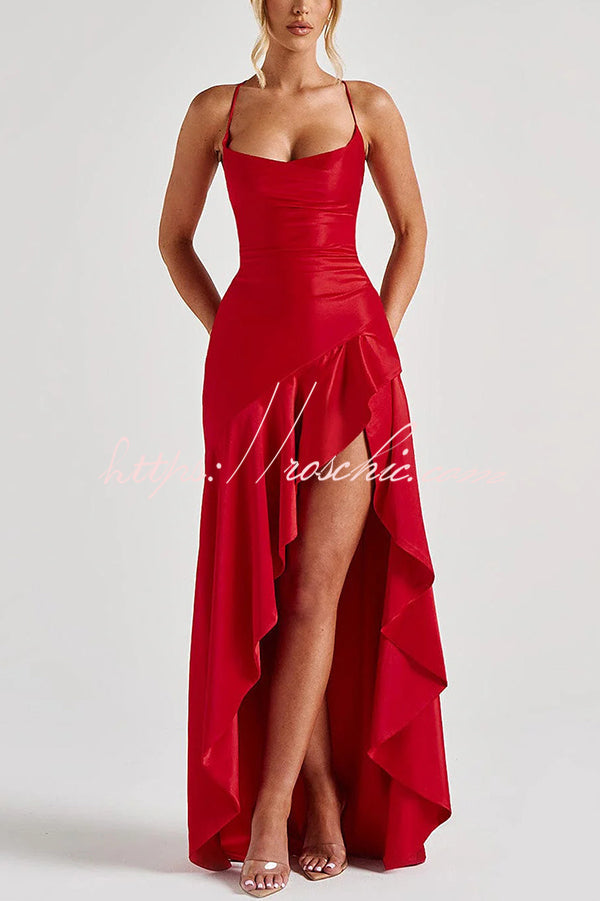 Solid Color Sexy Backless Lace-up Irregular Ruffled Maxi Dress