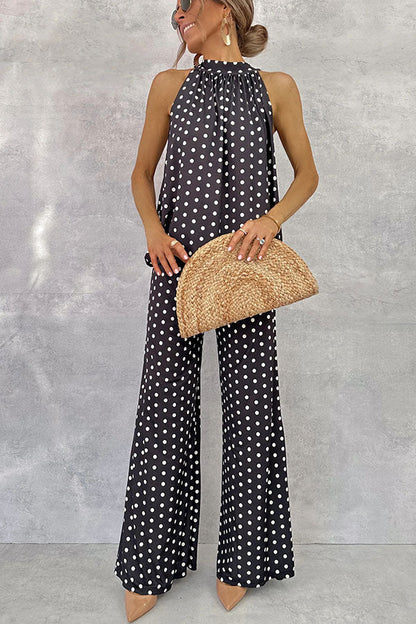 Imanie Polka Dot Print Back Tie-up Tank and Elastic Waist Wide Leg Pants Set