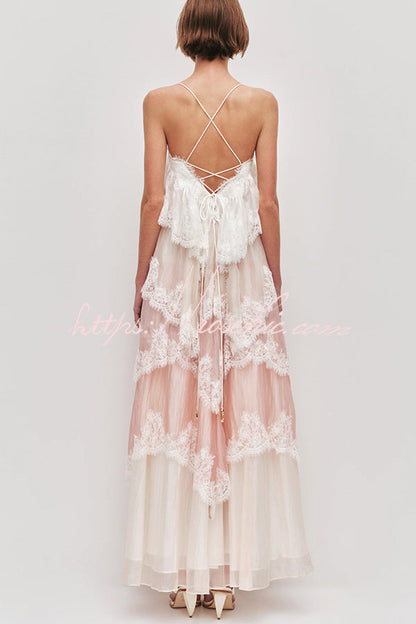 Caroline Gradient Layered Lace Trim Tiers Adjustable Straps Backless A-line Maxi Dress