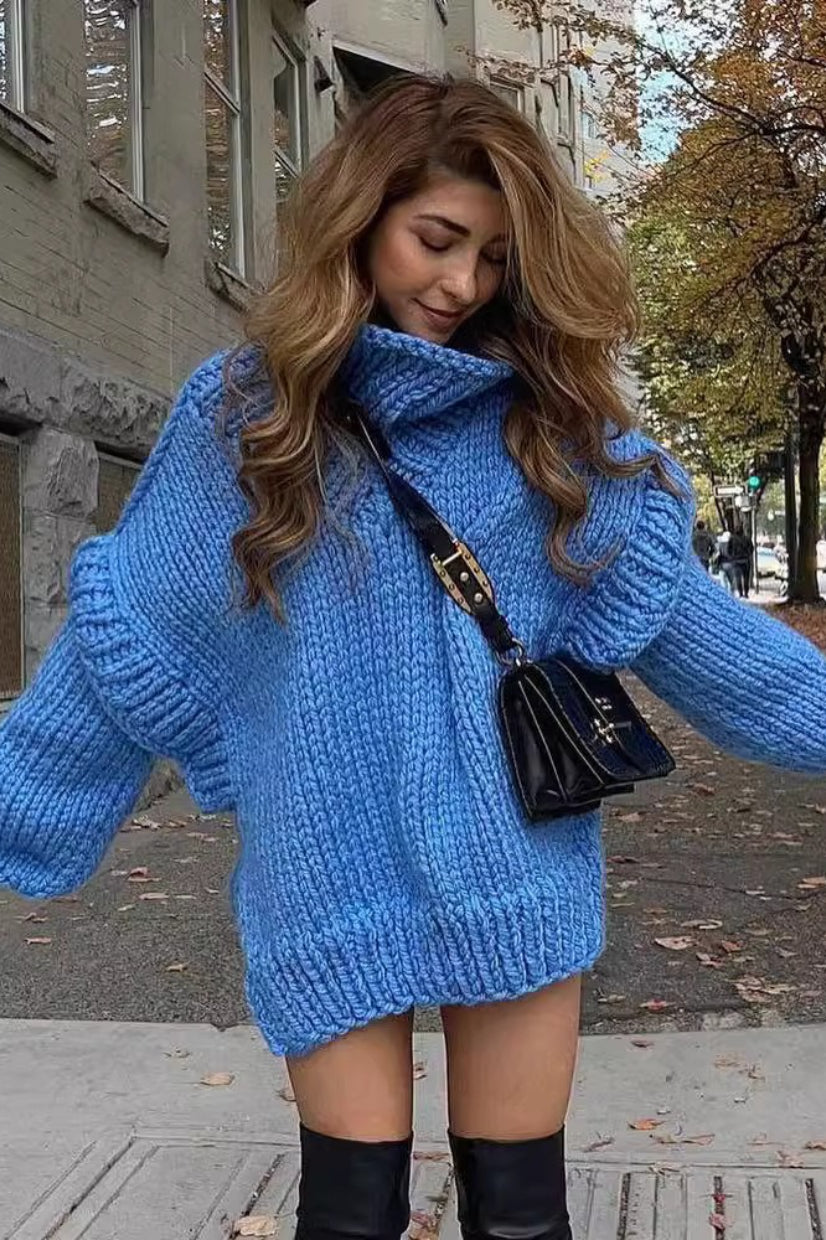 Suéter de cuello alto con diseño de retazos, grueso y esponjoso